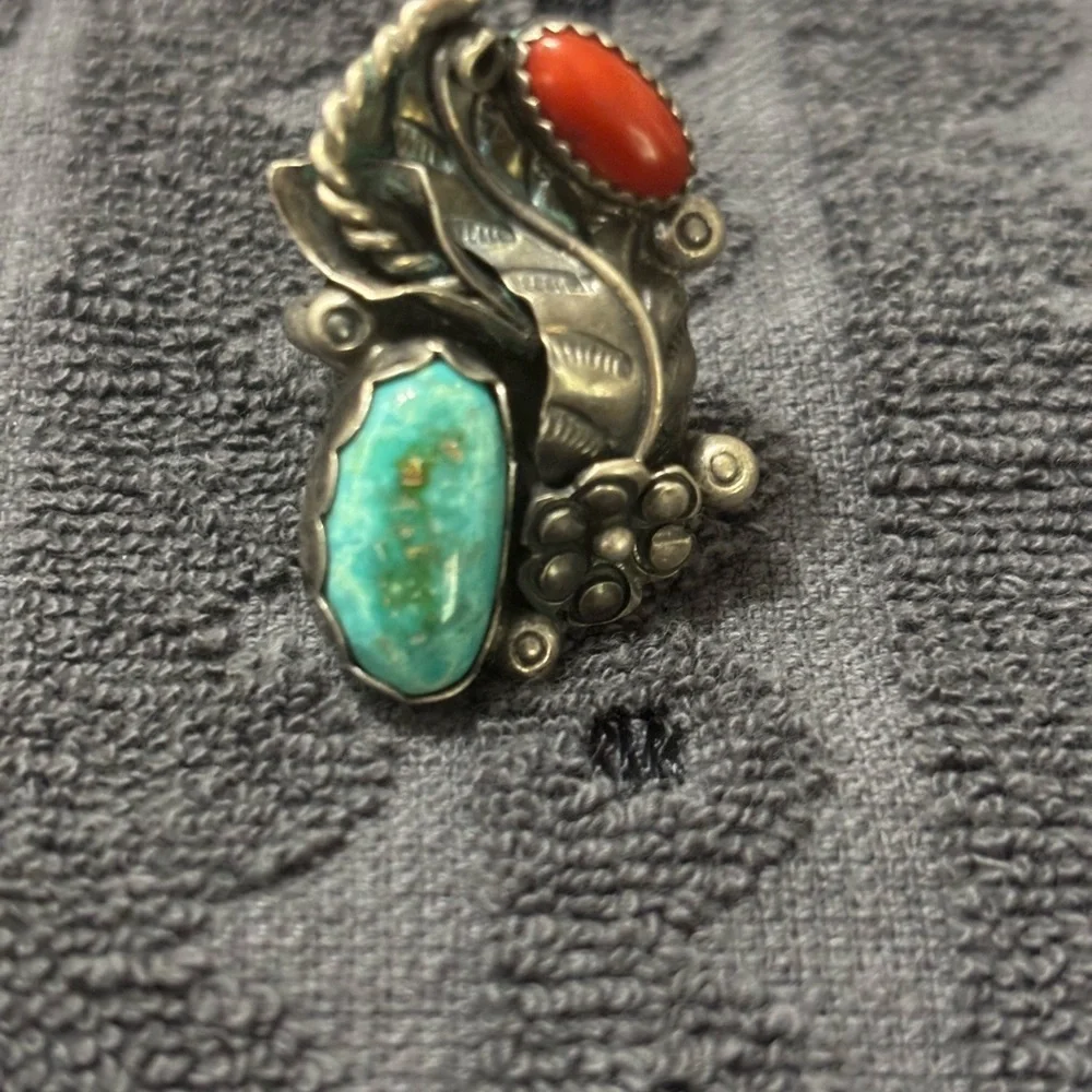 Artisan Silver Ring with Turquoise and Coral Navajo Native American